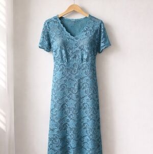 Vintage WinterSilks Teal Floral Lace Midi Dress Silk Blend Large Romantic Boho